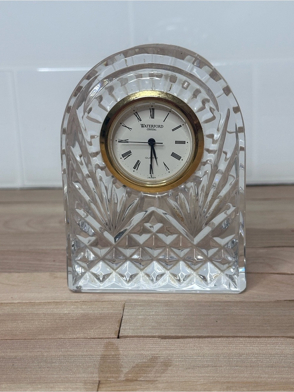 Waterford Vintage Clear Crystal Mantel Clock with Gold Bezel